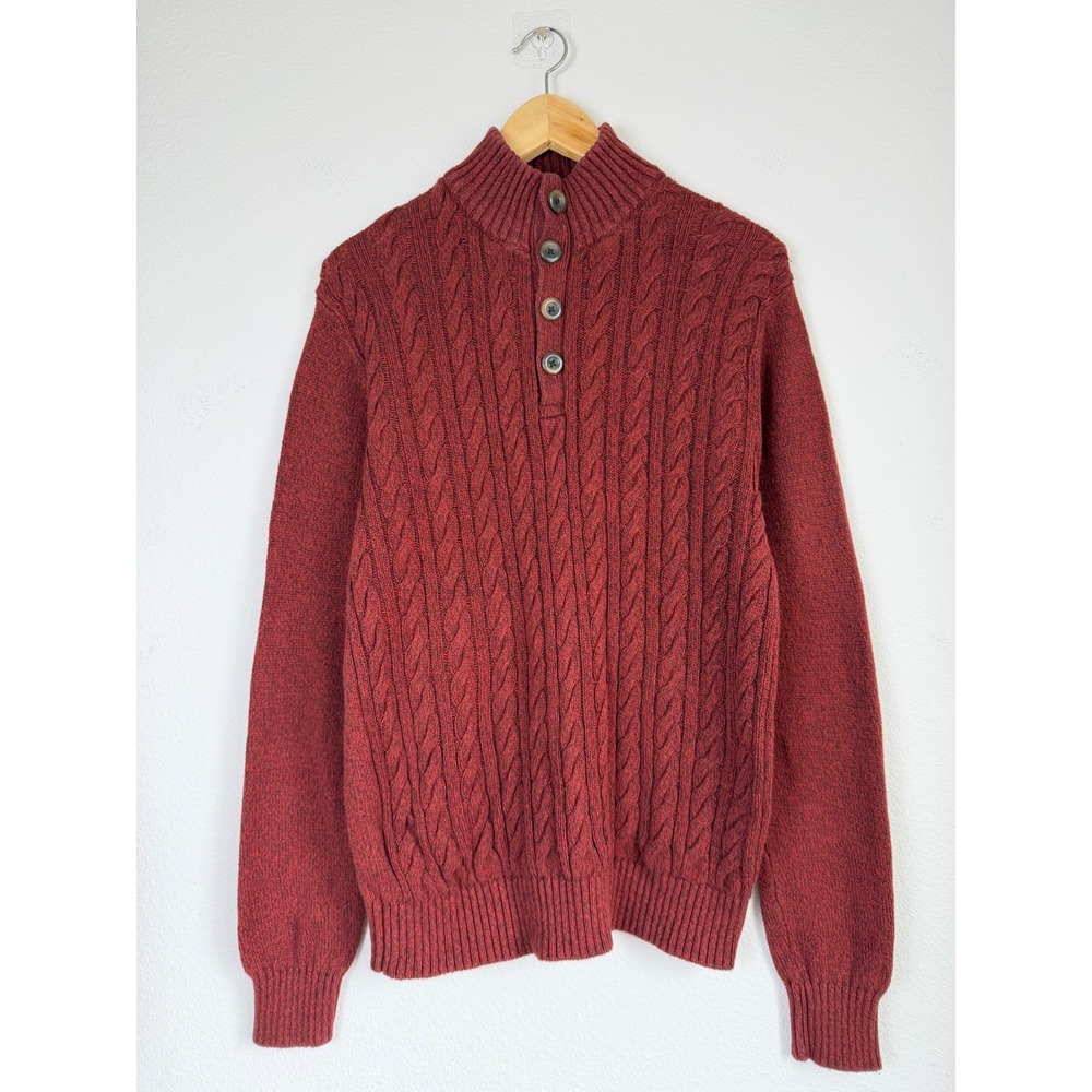 St. John's Bay Mens Cotton Sweater M Burgundy Cable Knit Mock Neck Button Top